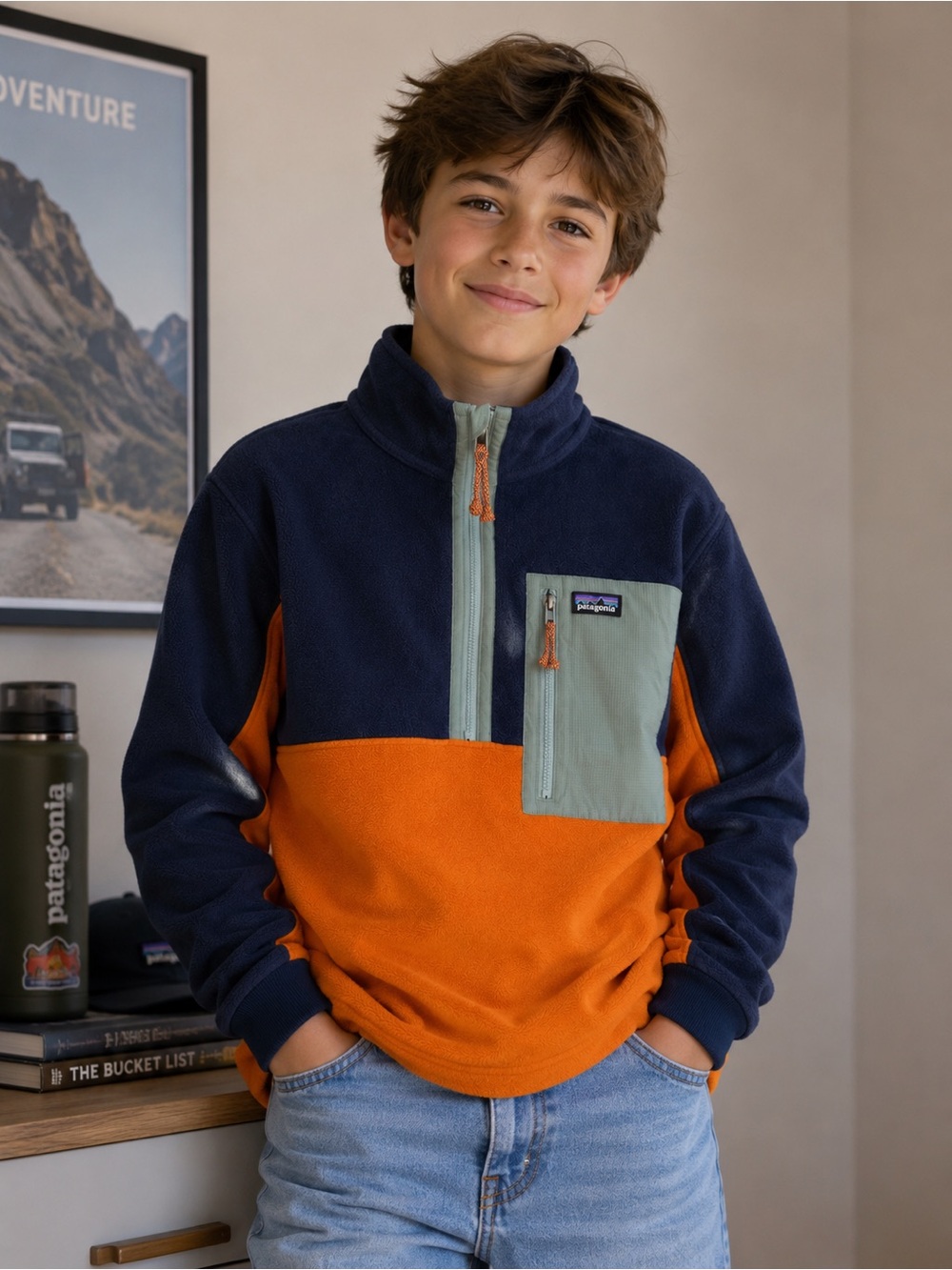 Patagonia Kids Microdini 1/2-Zip Fleece Pullover Large Colourblock Navy Orange